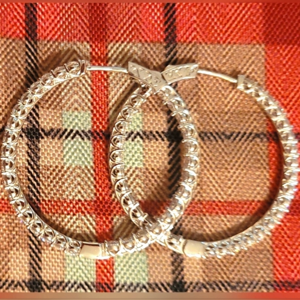 PRE-LOVED LARGE ROUND STERLING SILVER RHODIUM CZ HOOP EARRINGS